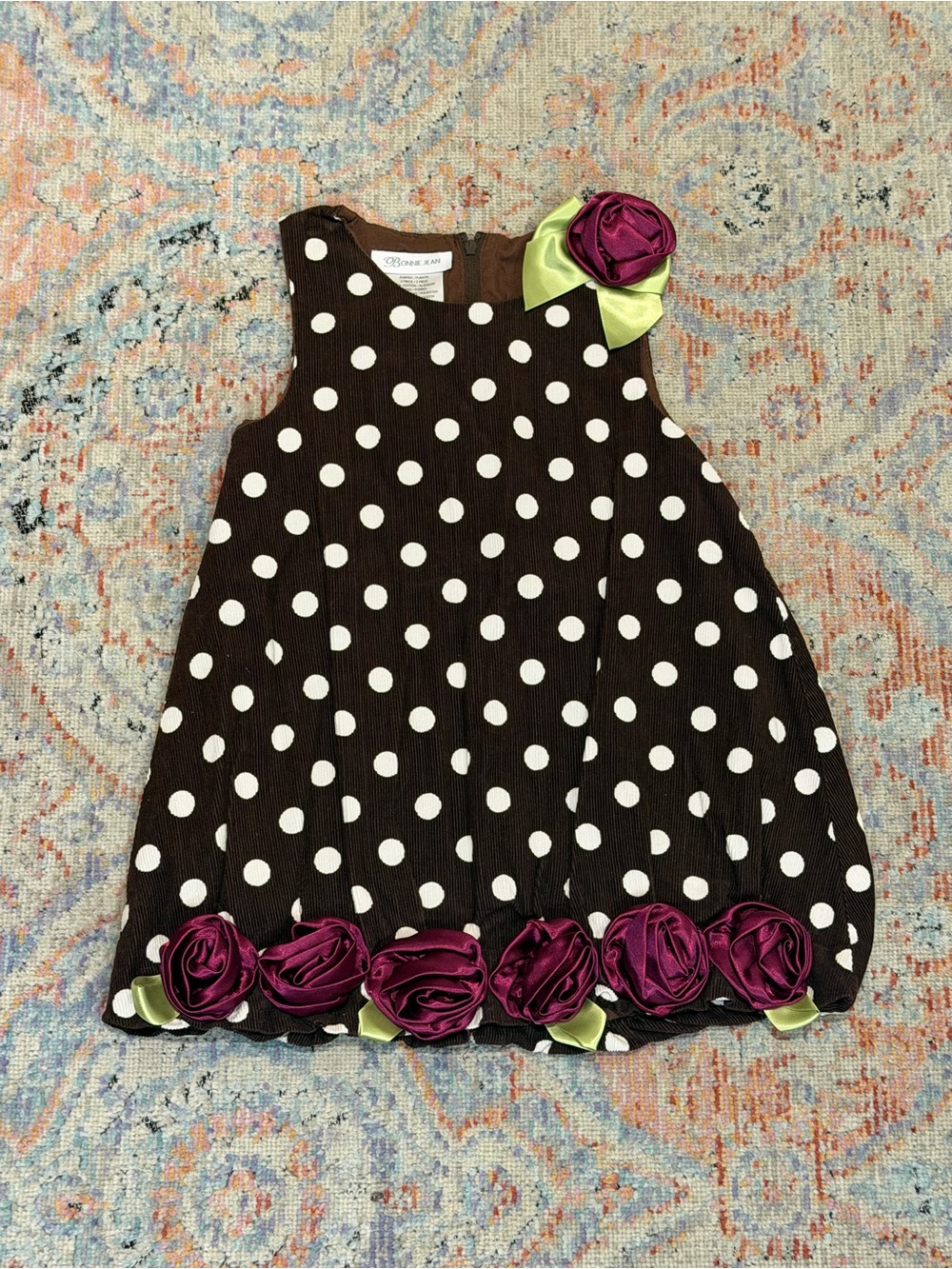 Bonnie Jean Toddler Girls Brown Polka Dot Corduroy Dress Jumper Rosettes 3T